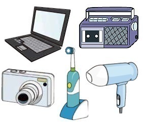 パソコン本体、ノートパソコン、ラジカセ、カメラ、電動歯ブラシ、ドライヤーなどのイラスト