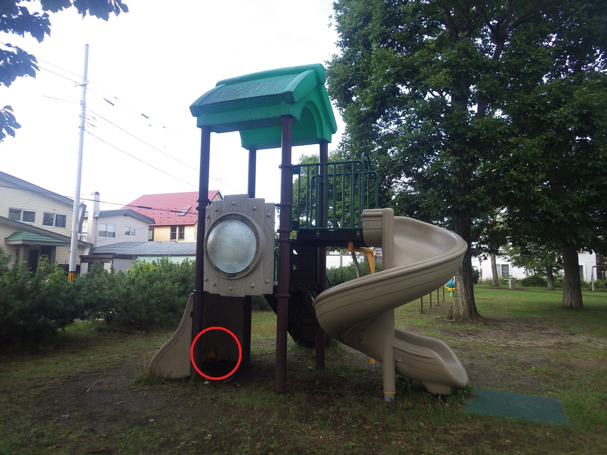 損壊された白樺公園複合遊具の写真