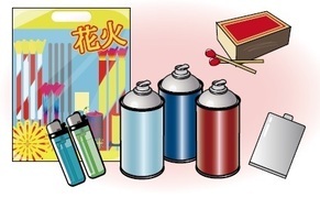 花火とスプレー缶、マッチのイラスト