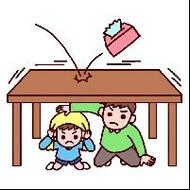 大きなテーブルの下に避難する親子のイラスト