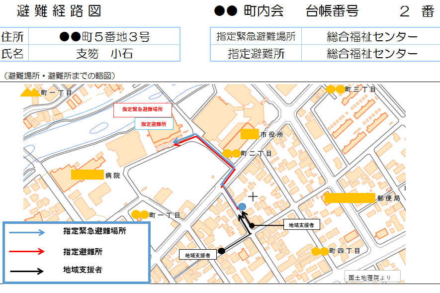 個別計画に登録した要支援者宅から避難所までの経路、地域支援者宅から要支援者宅までの経路が示された地図。