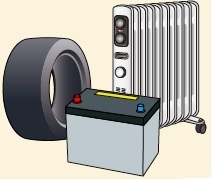 タイヤとバッテリーとオイルヒーターのイラスト