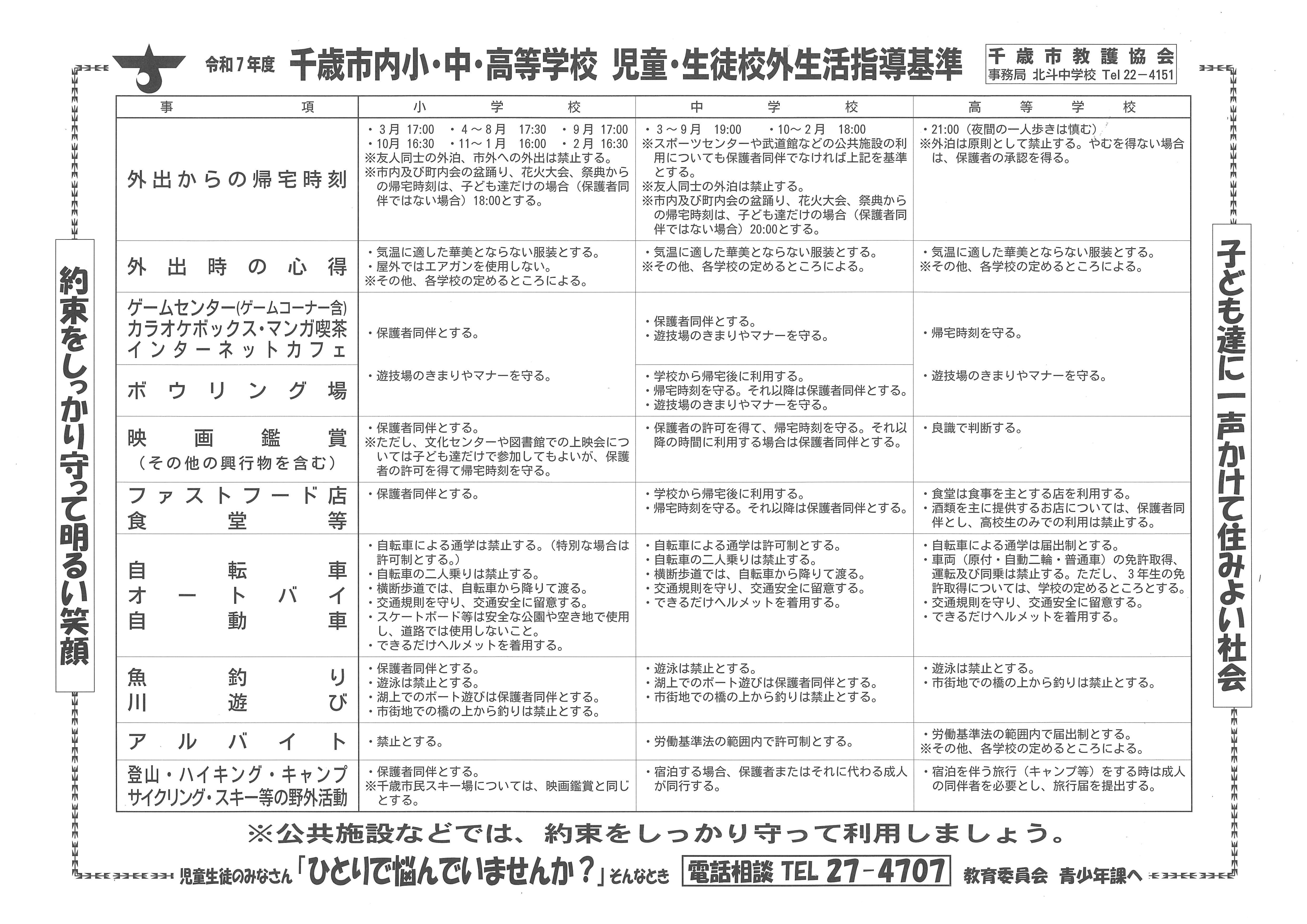 千歳市内小・中・高等学校 児童・生徒校外生活指導基準 - 北海道千歳市公式ホームページ - City of Chitose