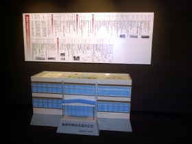 展示品(長都地区の年表と長都小中学校の形をしたタイムカプセル)